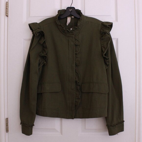 Anthropologie Dolan Olive Green Ruffle Utility Jacket Cotton - Picture 2 of 13